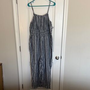 Old Navy Blue and White Striped Linen-Blend Jumpsuit